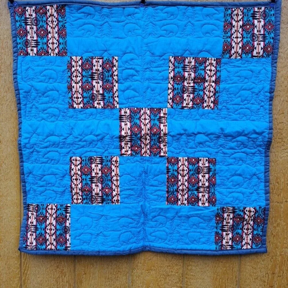 Blue Aztec Western Bear Crib Doll Baby Quilt‎ Patchwork 35